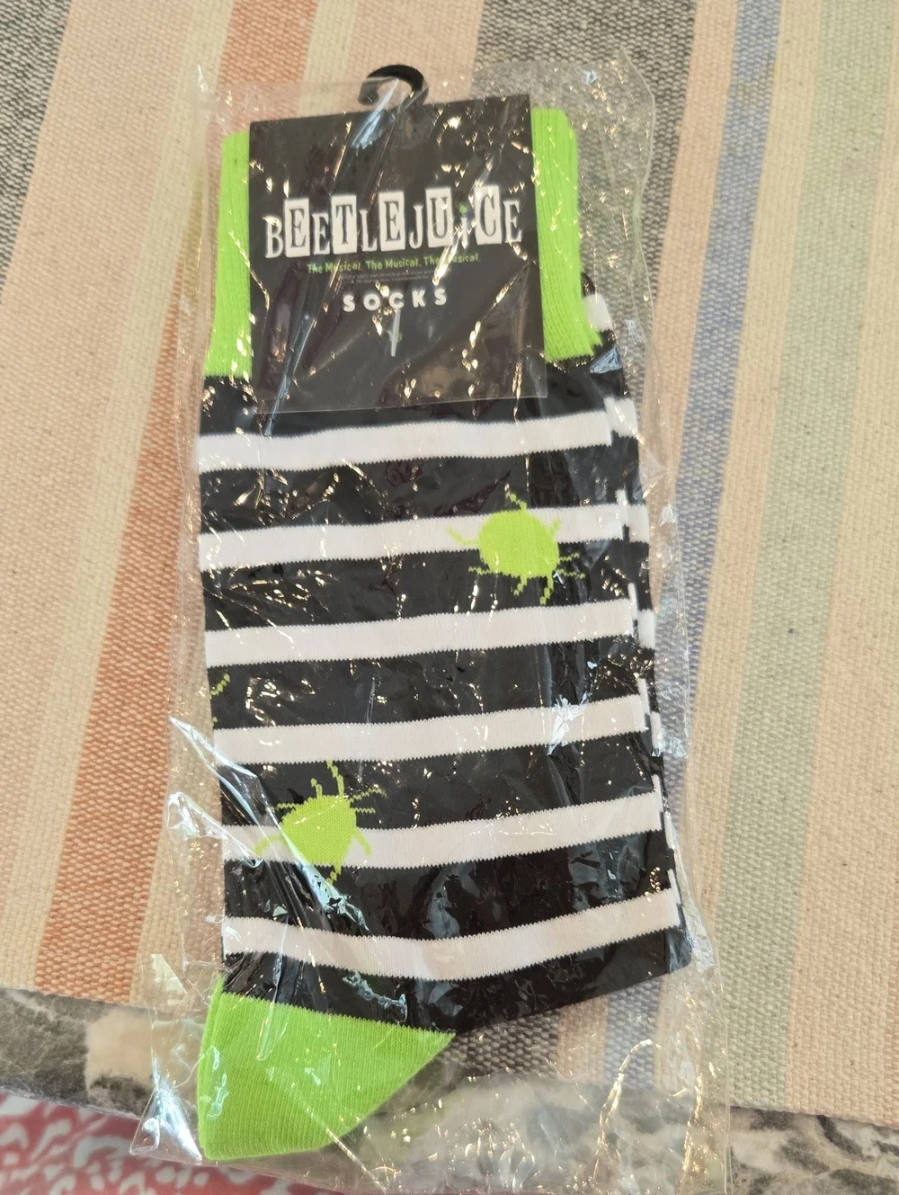 Women's Black & White Stripe Socks with Neon Green Accents